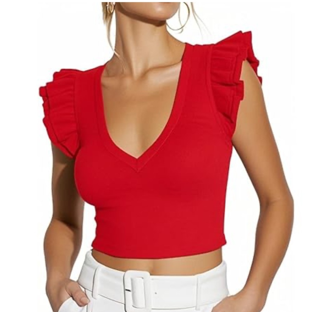 Lucy Paris Vibrant Red Flutter Sleeve Blouse